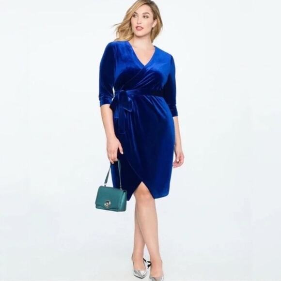 Eloquii Bright Blue Velvet Velour Wrap Dress Stretch Comfy Classic women plus 16 - Picture 1 of 10